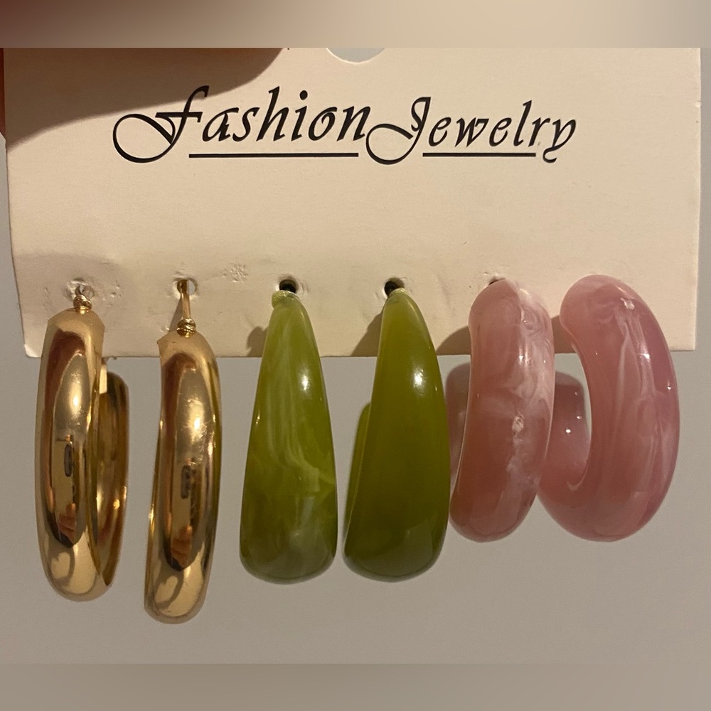 Hoop Earrings set of 3 - green, pink, and gold
